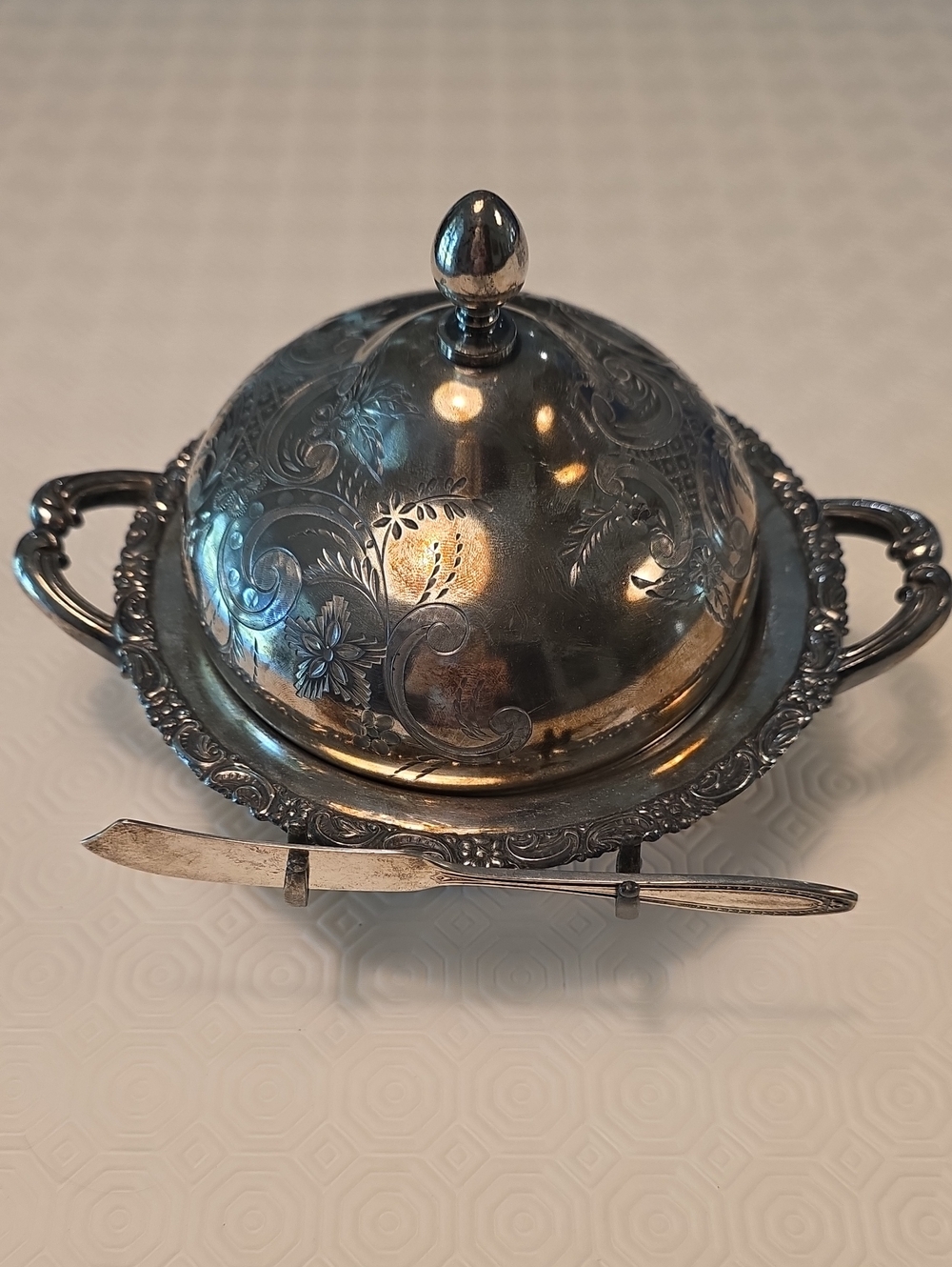 Ornate Silver-Tone Butter Dish with Knife